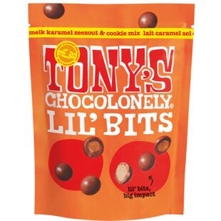 Tony's Chocolonely Lil'Bits karamelové kuličky s mořskou solí a sušenkami v čokoládě 120 g