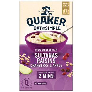 Quaker Oat So Simple ovesné vločky se sutalanas, rozinkami, brusinkami a jablky 10 x 38,5 g