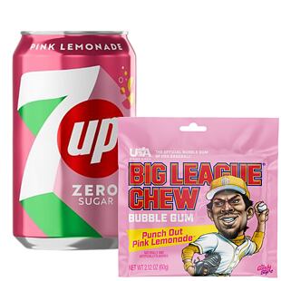 7up sycený nápoj s příchutí růžové limonády + Big League žvýkačka s příchutí růžové limonády