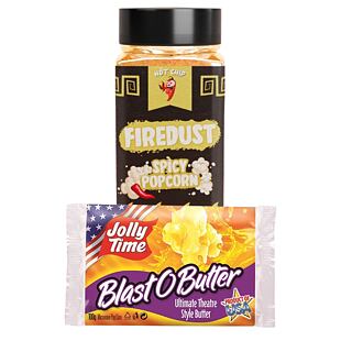 Hot Chip Firedust směs koření na pikantní popcorn 73 g + Jolly Time popkorn s máslovou příchutí 100g