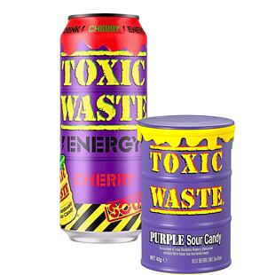 Toxic Waste energetický nápoj s příchutí třešně 500 ml + Toxic Waste Purple kyselé bonbonky 42 g