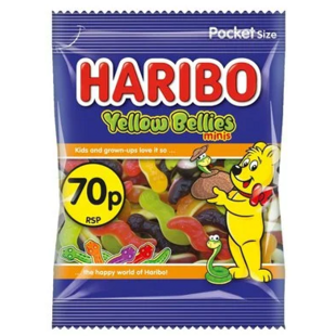 Haribo Yellow Bellies žvýkací bonbonky ve tvaru hadů s ovocnými příchutěmi 60 g PM