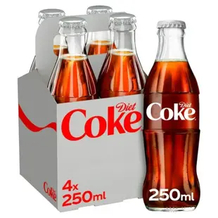 Coca-Cola Diet sycená limonáda bez cukru ve skleněné lahvi 250 ml Celé balení 4 ks