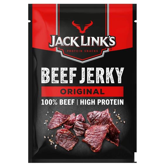 Balíček sušeného hovězího masa Jack Link's Beef Jerky Original s nápisem 100% hovězí a vysoký obsah bílkovin, doplněný obrázkem kousků masa a koření. 60 g