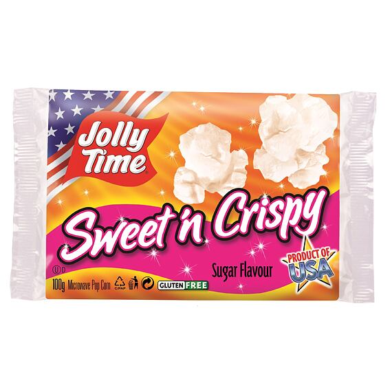 Balení sladkého a křupavého mikrovlnného popcornu Jolly Time s příchutí cukru, bez lepku, vyrobené v USA.