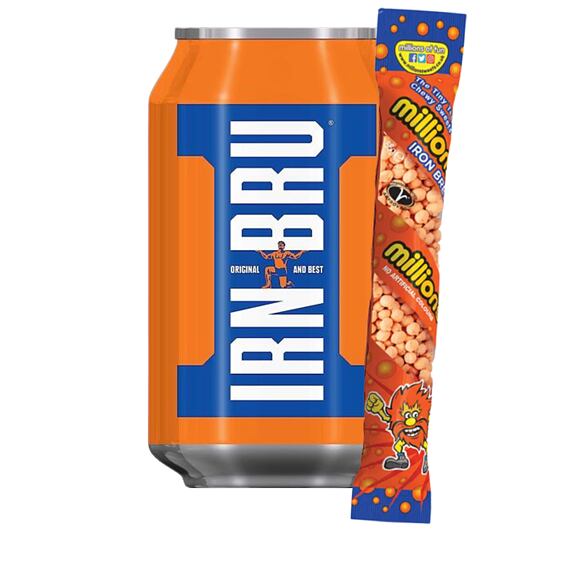 Irn Bru sycený nápoj 330 ml + Millions Iron Brew žvýkací bonbony 55 g
