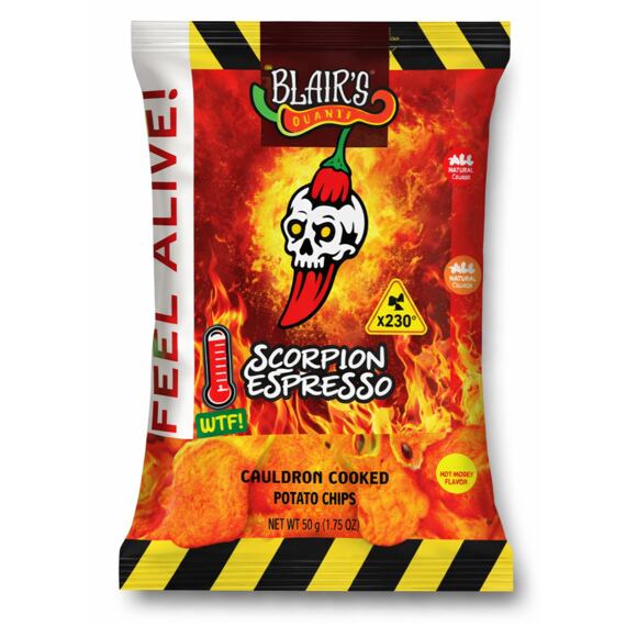 Blair's bramborové chipsy s příchutí chilli papriček Scorpion s kávovým aroma 50 g