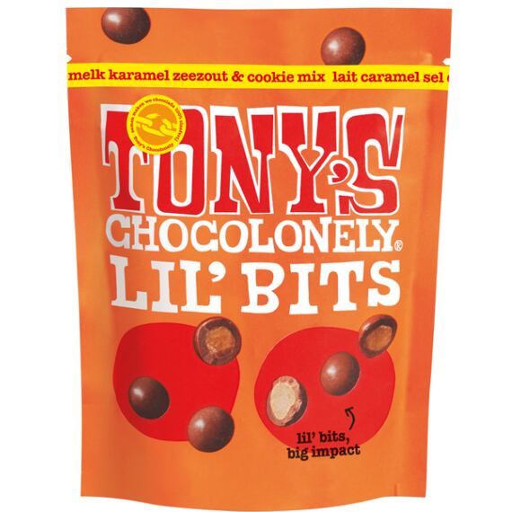 Tony's Chocolonely Lil'Bits karamelové kuličky s mořskou solí a sušenkami v čokoládě 120 g