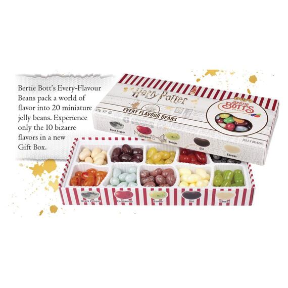 Krabička žvýkacích bonbónů Bertie Bott’s Every-Flavour Beans z Harryho Pottera, čítající 10 druhů neobvyklých příchutí jako černý pepř, žížala, sopel, hlína a ušní maz.
