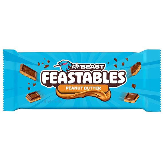 Balení mléčné čokolády MrBeast Feastables s náplní z arašídového másla. Hmotnost 60 g