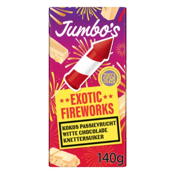 Balení čokolády Jumbo's Exotic Fireworks s příchutí kokosu, passion fruit (mučenky), bílé čokolády a křupavého cukru, váha 140 gramů, doplněné o motiv ohňostroje.