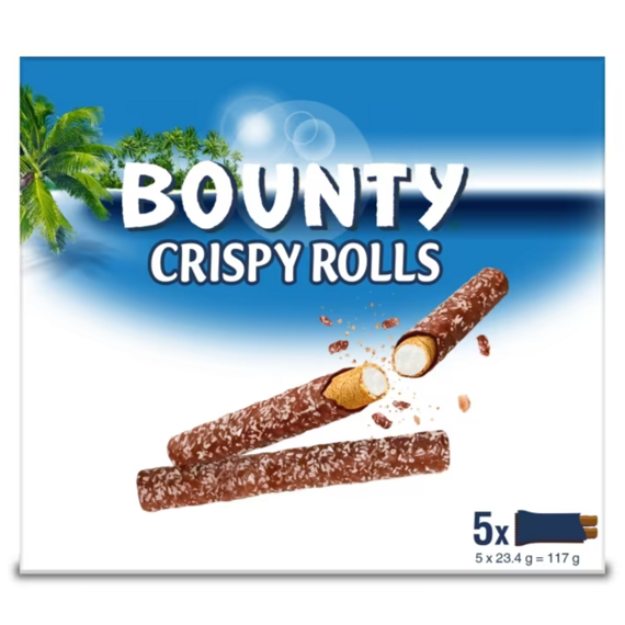 Bounty Crispy Rolls tyčinky s kokosovou náplní a polevou z mléčné čokolády 5 x 23,4 g