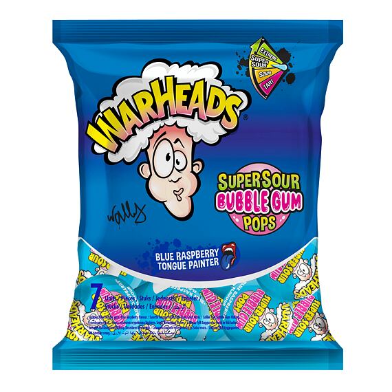 Balení sladkosti Warheads Super Sour Bubble Gum Pops s příchutí modré maliny, obsahující 7 kusů, označené jako velmi kyselé s motivem postavičky s výrazem překvapení. Hmotnost 7x 15 g