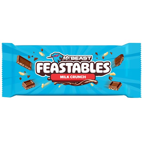 Balení mléčné čokolády MrBeast Feastables Milk Crunch s křupavými kousky uvnitř. Hmotnost 60 g