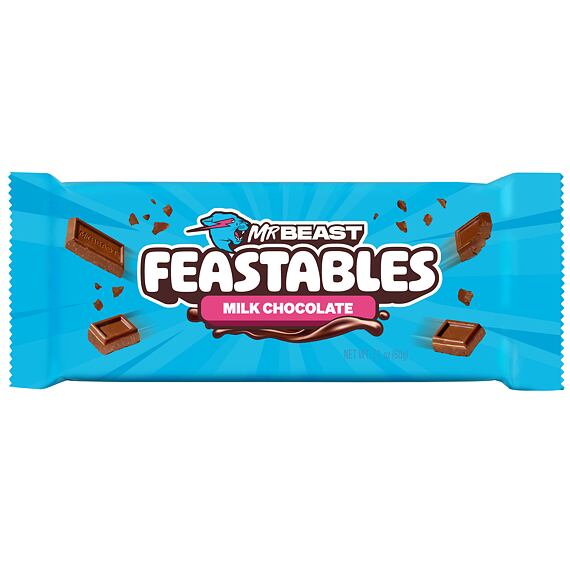 Balení mléčné čokolády MrBeast Feastables s kousky čokolády a logem značky 60 g