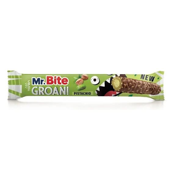 Mr. Bite Groan! trubička v mléčné čokoládě s náplní s příchutí pistácie 40 g