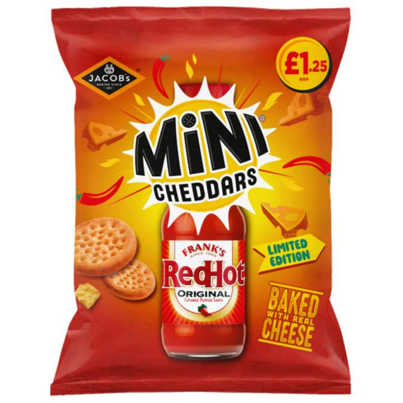 Jacob's Mini Cheddar pšeničné sušenky s příchutí omáčky Frank's RedHot 90 g