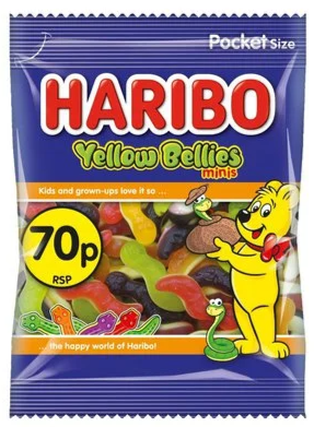 Haribo Yellow Bellies žvýkací bonbonky ve tvaru hadů s ovocnými příchutěmi 60 g PM