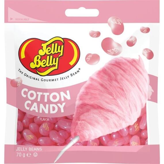Balení růžových želé fazolí s příchutí cukrové vaty značky Jelly Belly. Hmotnost 70 g