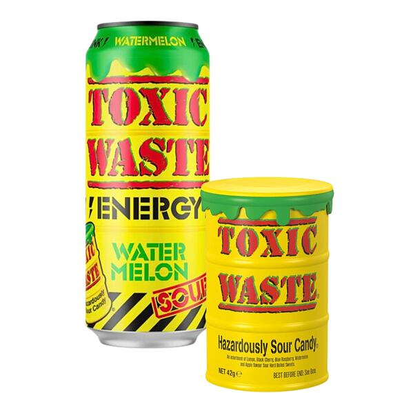 Toxic Waste energeťák s příchutí vodního melounu 500 ml + Toxic Waste Yellow kyselé bonbonky 42 g